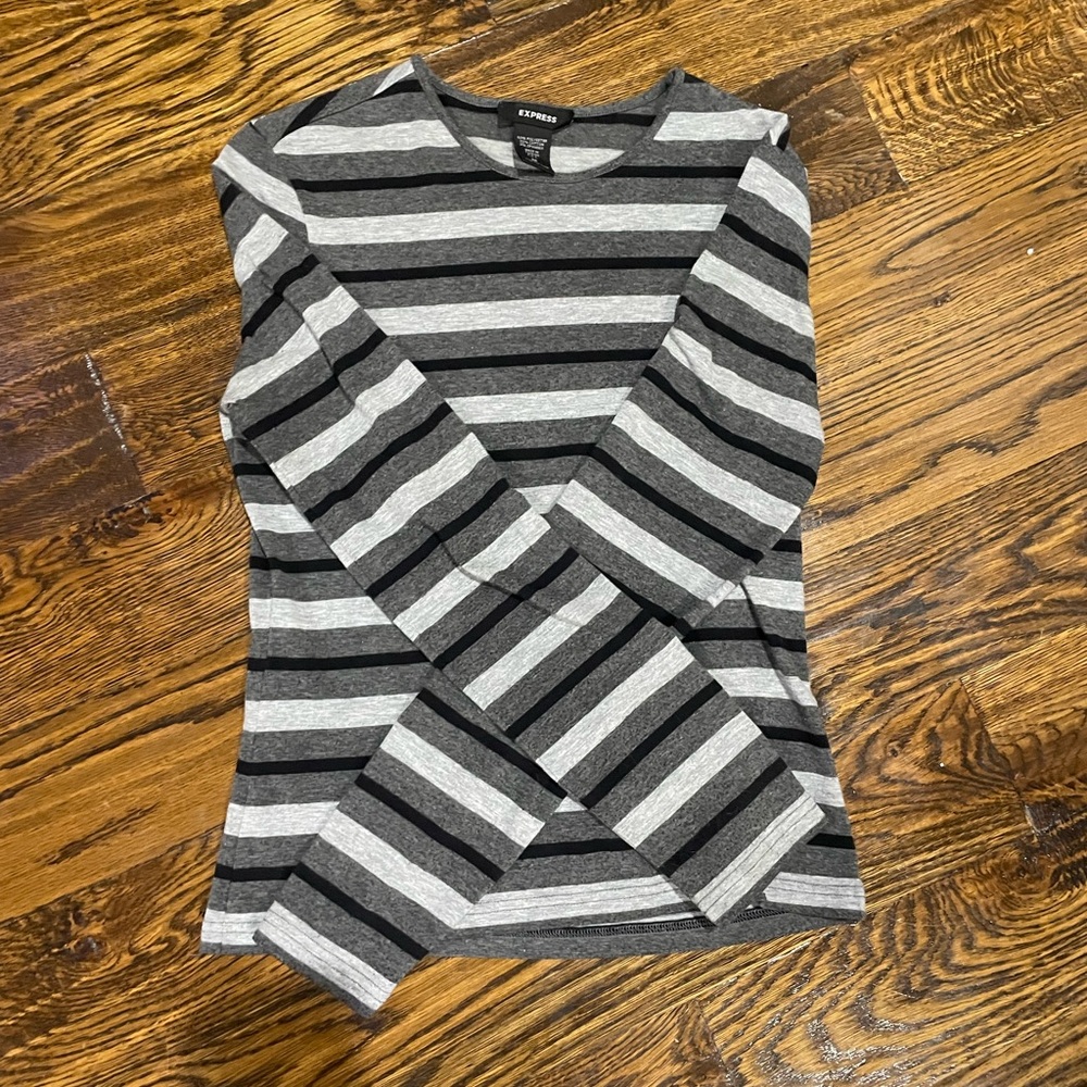 Express Black and Gray Striped Long Sleeve Tee